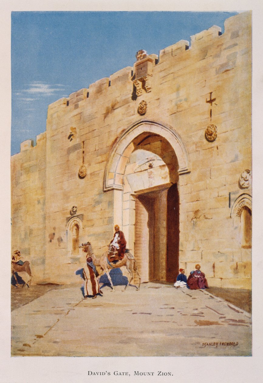 Akvarel od Stanley Inchbold, zobrazující krále Davida nebo Sionskou bránu, v Jeruzalémě, Palestina 1906 od Stanley Inchbold