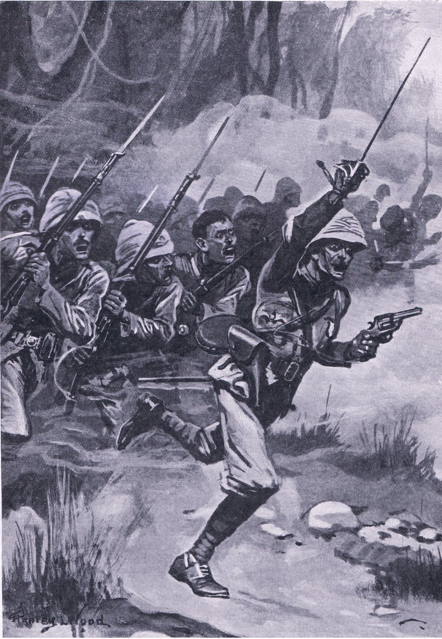 Britové útočí na Ashantis u Amoaful, 31. ledna 1874, ilustrace z britských bitev na souši a na moři, 1915 od Stanley L. Wood