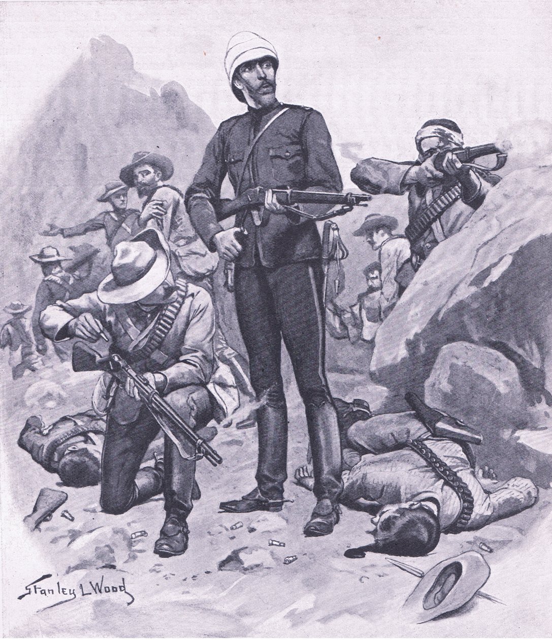Plukovník Buller u hory Inhlobane, březen 1879, ilustrace z knihy Britské bitvy na souši a na moři , 1915 od Stanley L. Wood