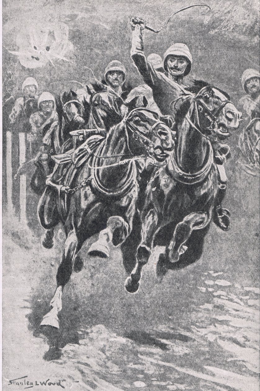 Poručík Maclaine zvedá zbraně na Maiwand, 17. července 1880, ilustrace z britských bitev na souši a na moři, 1915 od Stanley L. Wood