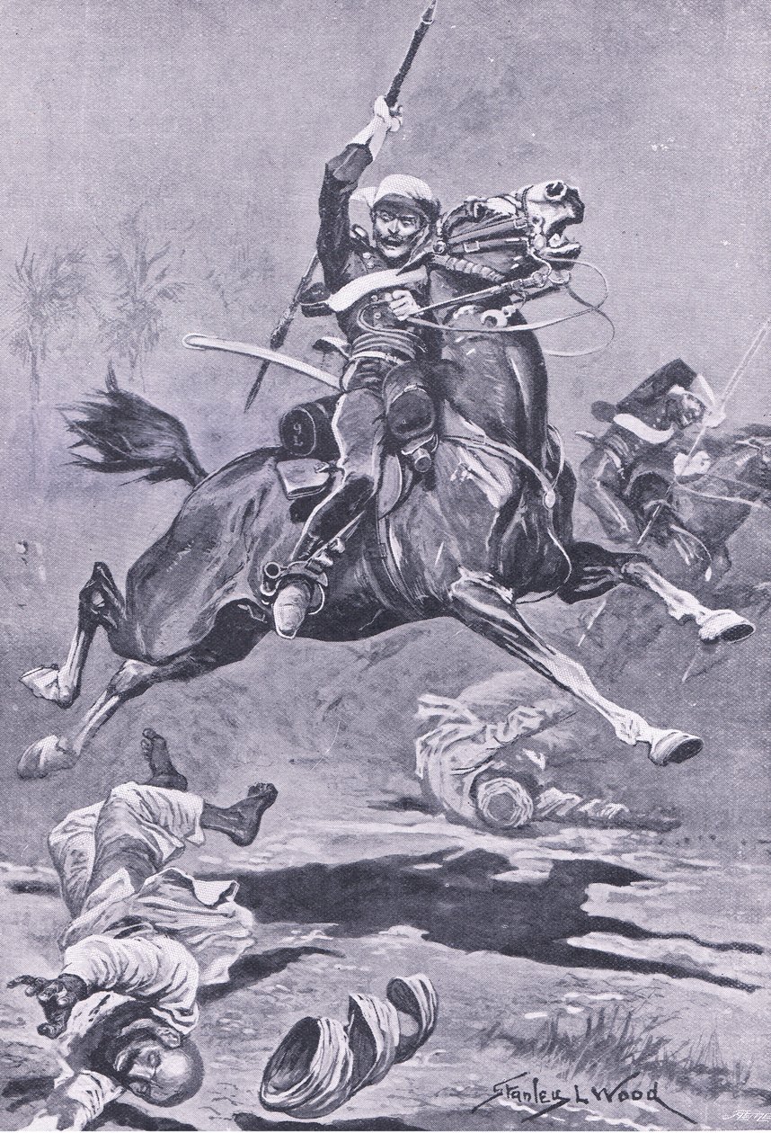The 9th Lancers at Delhi, 1857, ilustrace z britských bitev na zemi a na moři, 1915 od Stanley L. Wood
