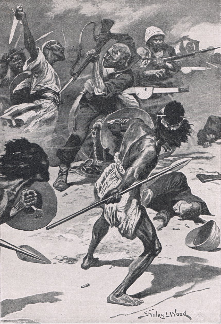 Bitva u Abu-Klea, 17. ledna 1885, ilustrace z britských bitev na zemi a na moři, 1915 od Stanley L. Wood