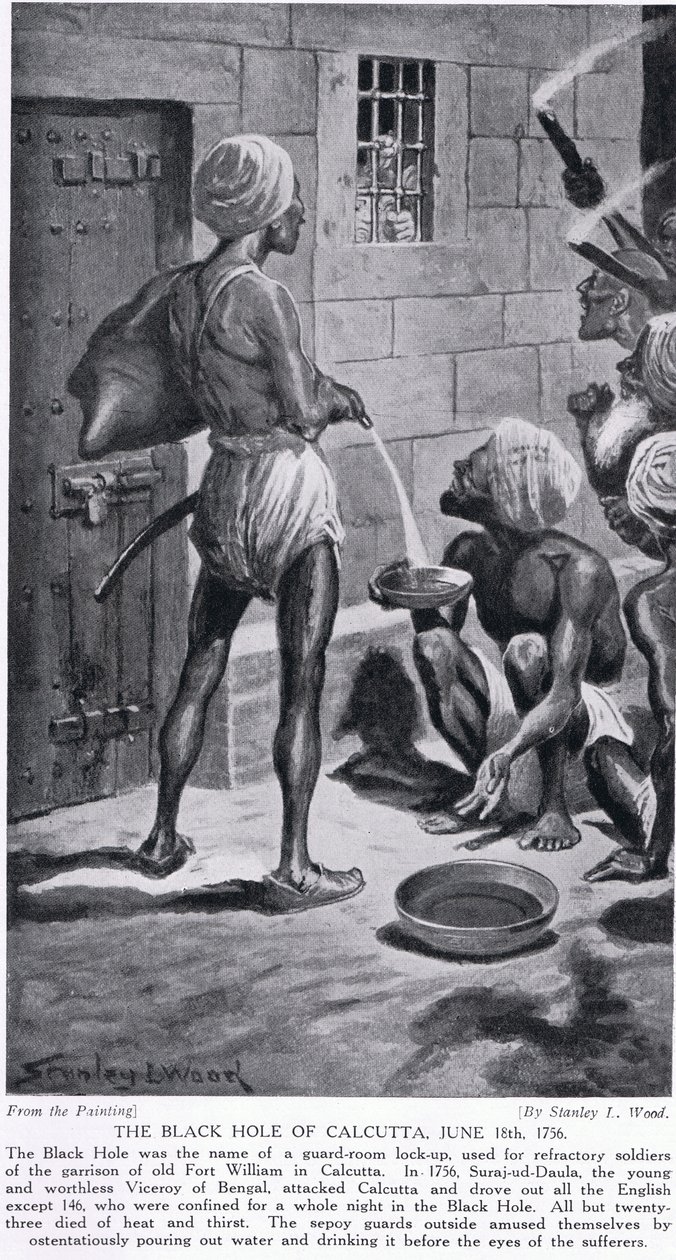 Černá díra, stará pevnost William, 18. června 1756, ilustrace z „Hutchinsonovy historie národů“, kolem roku 1910 od Stanley L. Wood