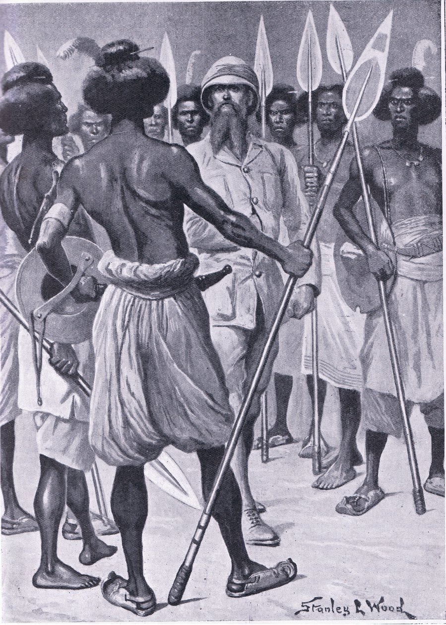 Typ válečníka, kterého Burton potkal v Somalilandu, ilustrace z Cassells Romance of Famous Lives, kolem roku 1940 od Stanley L. Wood