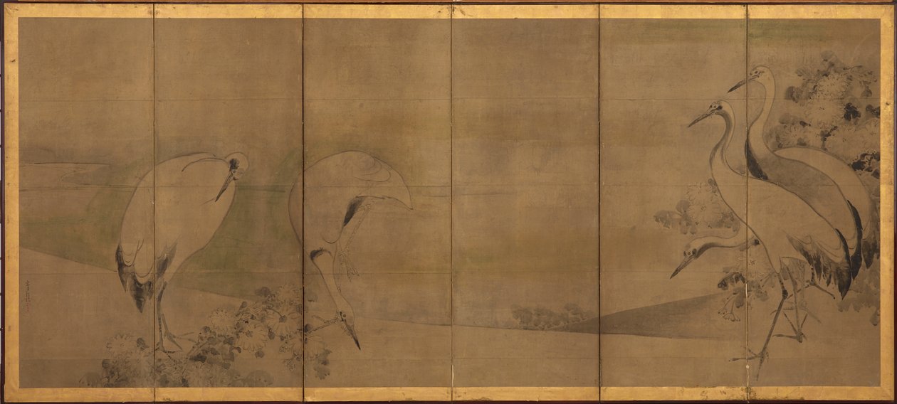 Jeřáby a chryzantémy, období Momoyama nebo Edo, 1568-1868. od Sôtatsu
