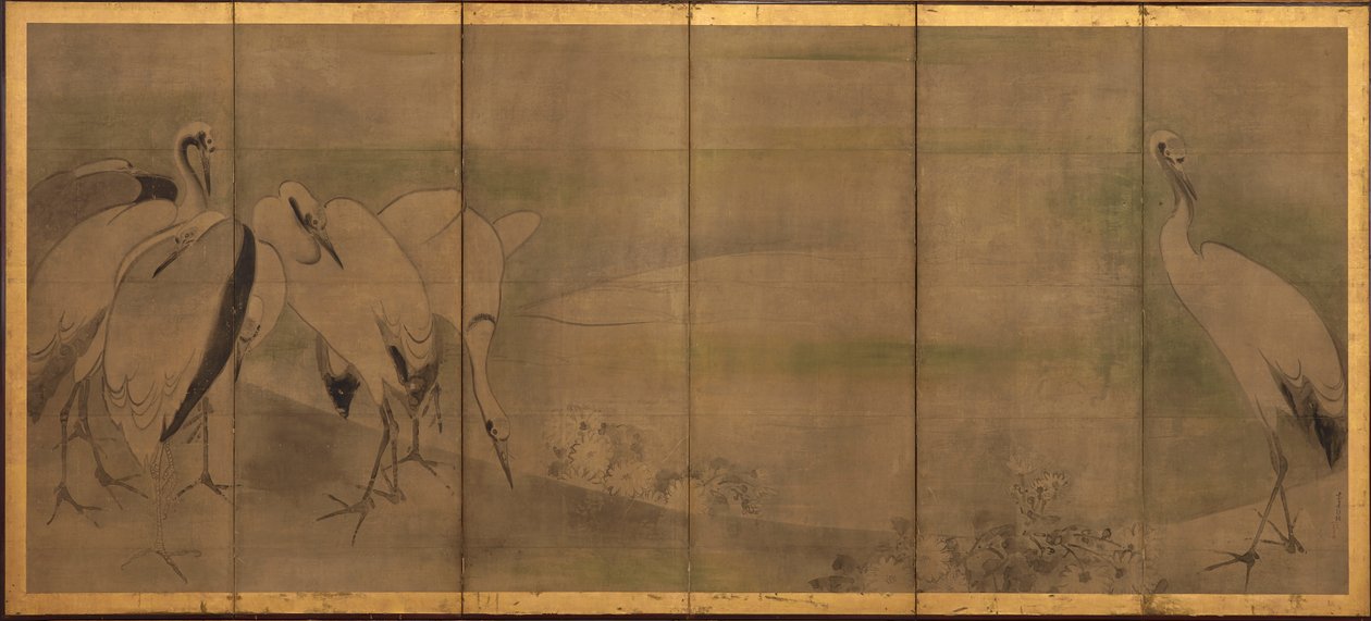 Jeřáby a chryzantémy, období Momoyama nebo Edo, 1568-1868. od Sôtatsu