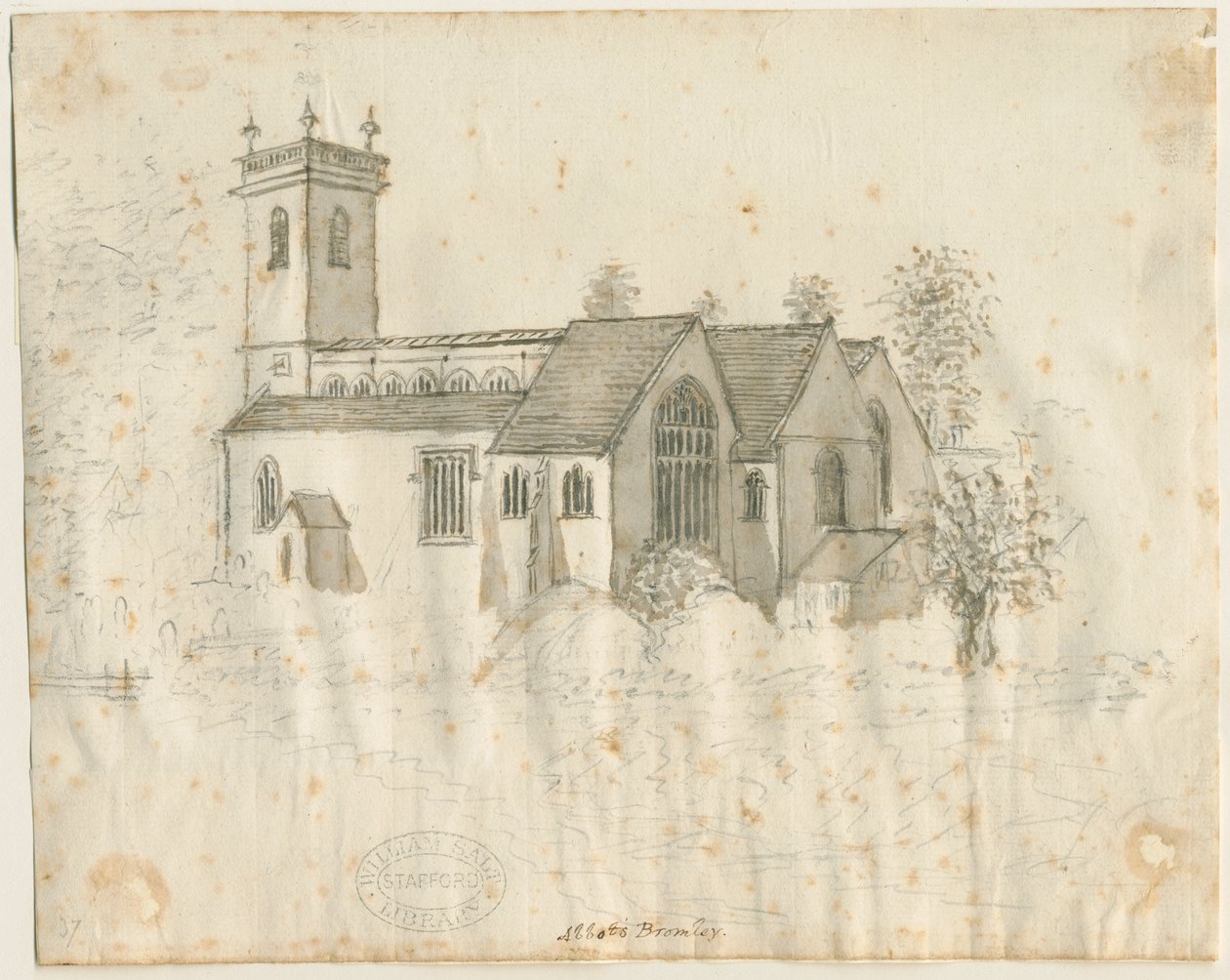 Abbots Bromley Church: náčrt tužkou s mírným oplachem, nd [1762-1802] od Stebbing Shaw