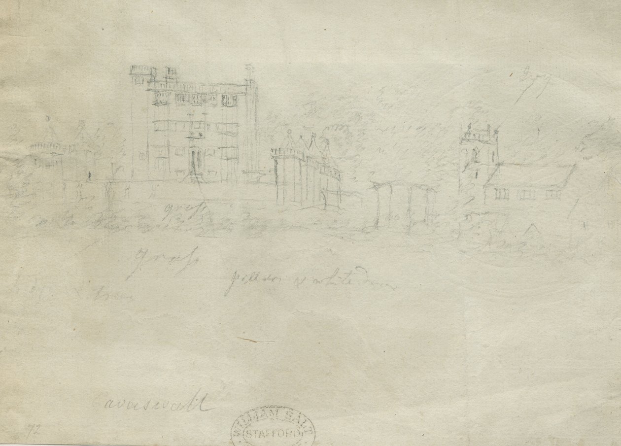 Caverswall Castle: kresba tužkou, nd [c 1800] (kresba) od Stebbing Shaw