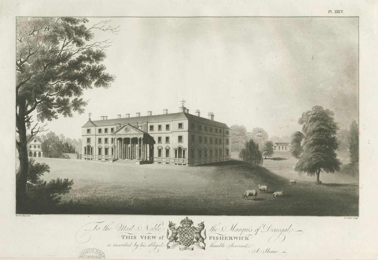 Fisherwick Hall: rytina akvatinty, nd [c 1797] (tisk) od Stebbing Shaw
