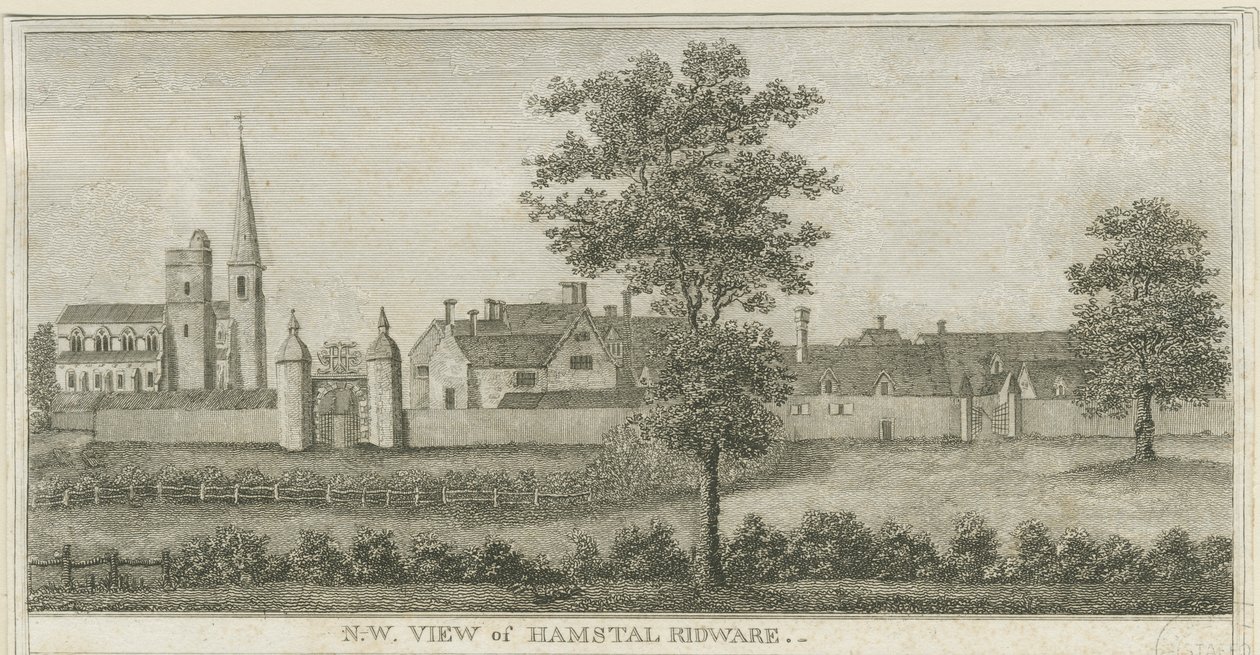Hamstall Ridware - Church and Manor House: rytina, nd [1762-1802] (tisk) od Stebbing Shaw