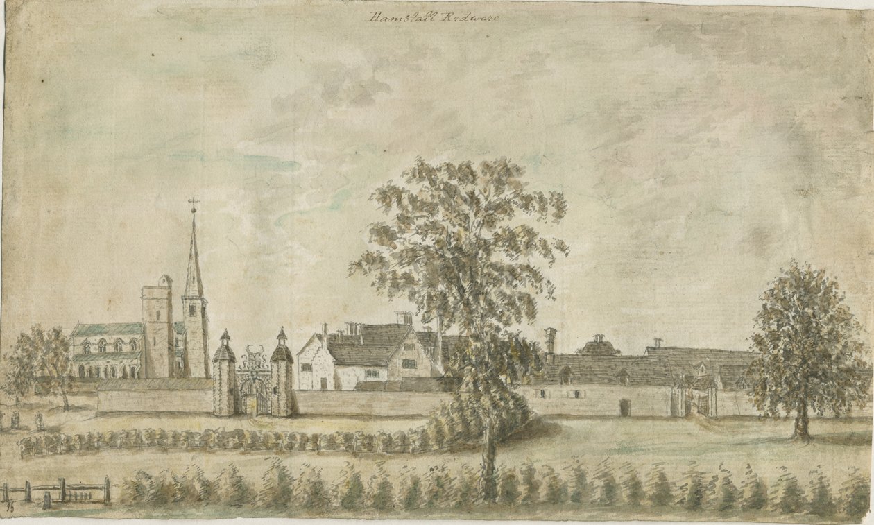 Hamstall Ridware - Church and Manor House: malba vodovými barvami, nd [1762-1802] od Stebbing Shaw