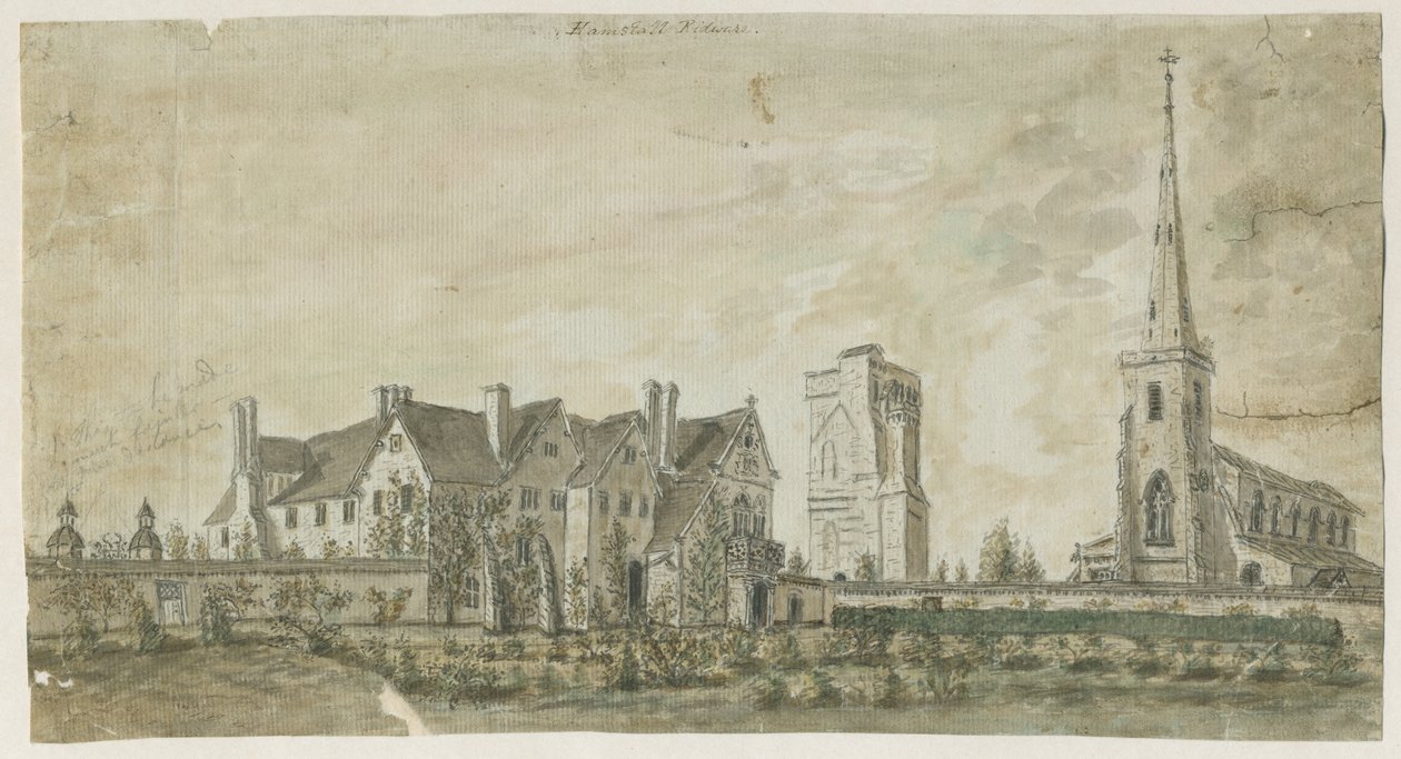 Hamstall Ridware - Church and Manor House: malba vodovými barvami, nd [1762-1802] od Stebbing Shaw