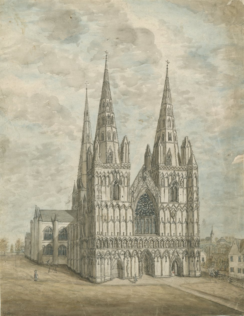 Katedrála Lichfield – západní fronta: malba akvarelem, nd [1762-1802] od Stebbing Shaw