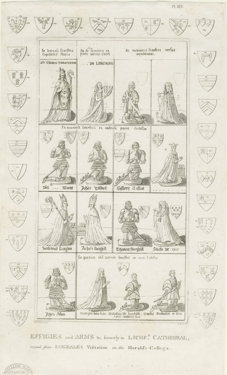 Katedrála Lichfield - Effigies and Arms: rytina, nd [1762-1798] (tisk) od Stebbing Shaw