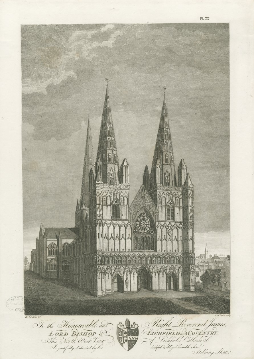 Katedrála Lichfield - Západní fronta: rytina, nd [1762-1802] (tisk) od Stebbing Shaw