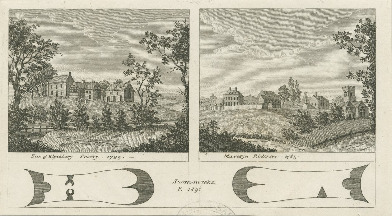 Mavesyn Ridware - Site of Blythbury Priory: rytina, 1795 od Stebbing Shaw