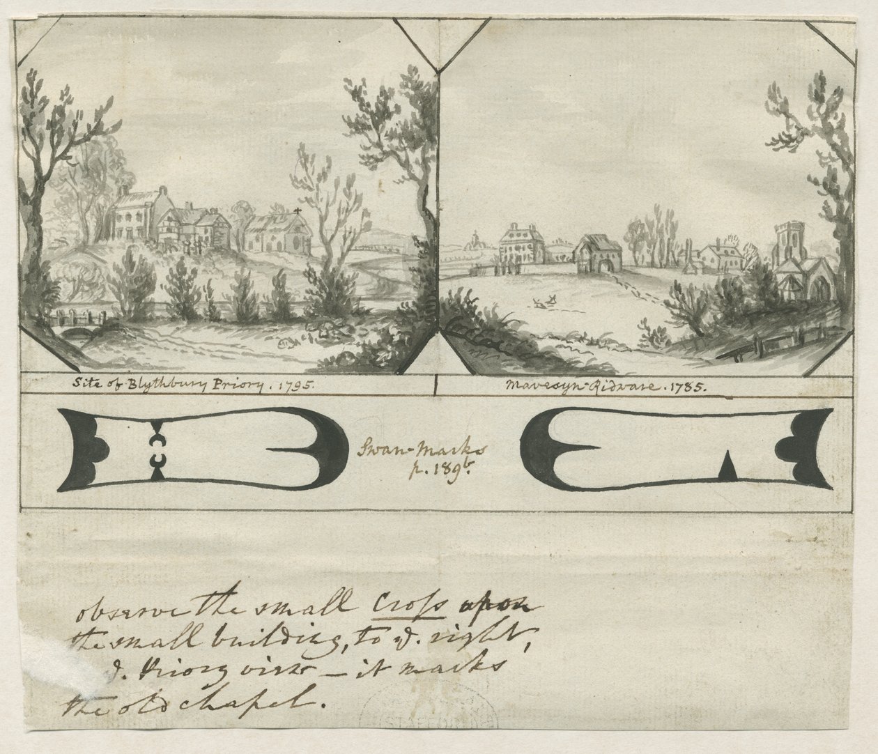 Mavesyn Ridware – Site of Blythbury Priory: kresba tuší, 1795 od Stebbing Shaw
