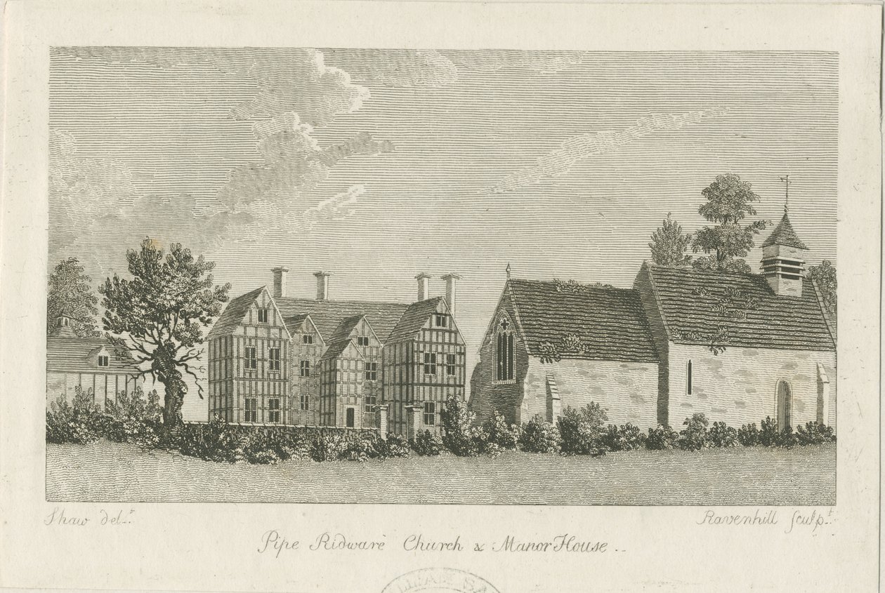 Pipe Ridware Church and Manor House: rytina, nd [1762-1798] od Stebbing Shaw