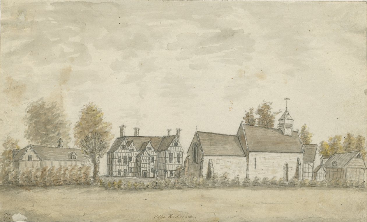 Pipe Ridware Church and Manor House: malba vodovými barvami, nd [1762-1798] od Stebbing Shaw