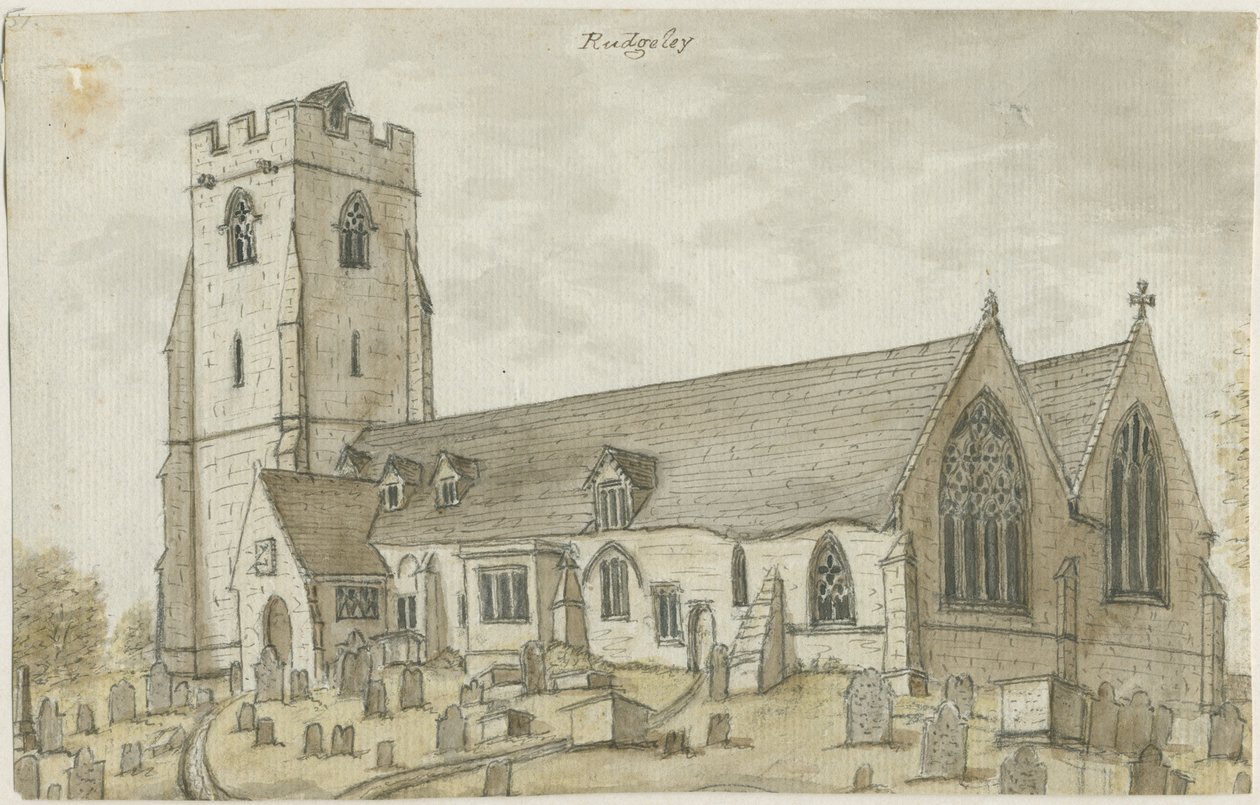 Rugeley Church (starý): malba vodovými barvami, nd [1762-1802] (malba) od Stebbing Shaw