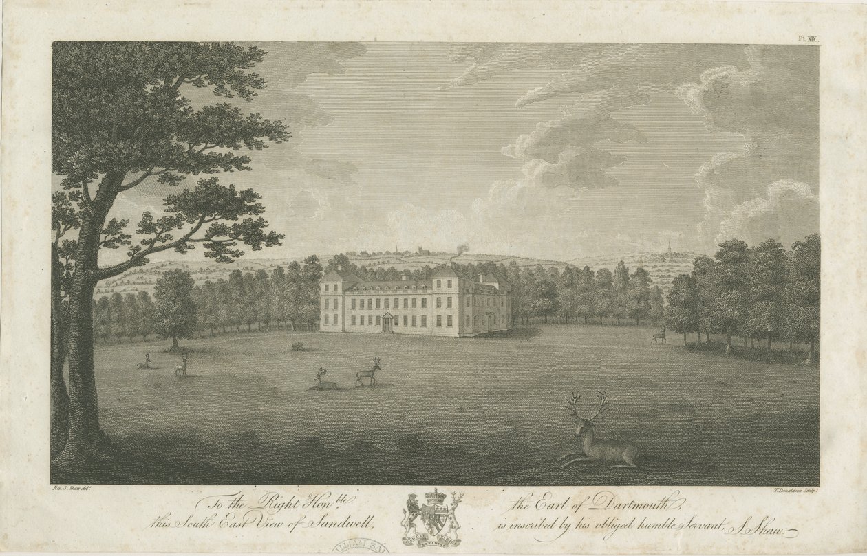 Sandwell Park - Hall: rytina, nd [1762-1798] od Stebbing Shaw