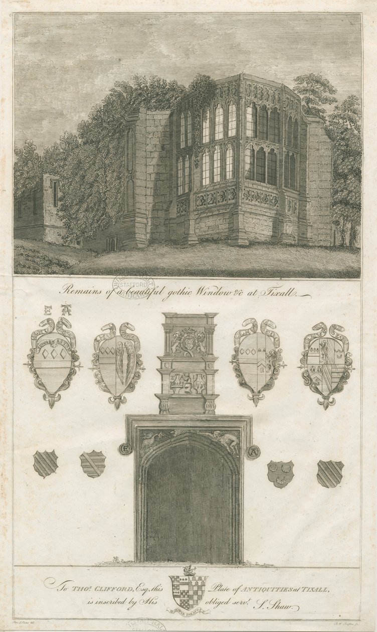 Tixall Hall - Gotické okno a heraldické starožitnosti: rytina, nd [1762-1802] (tisk) od Stebbing Shaw