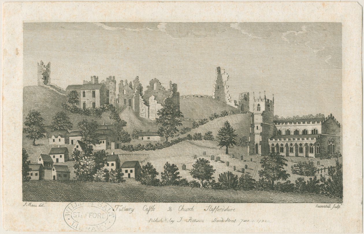 Tutbury Castle and Church - South East View: rytina, nd [1762-1792] (tisk) od Stebbing Shaw