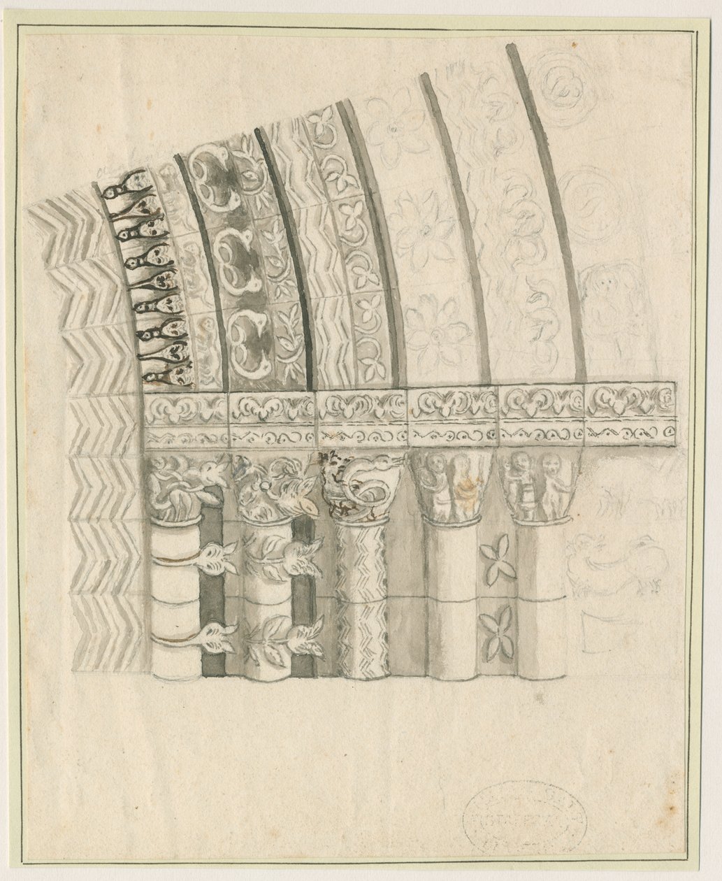 Tutbury Priory Church – West Doorway: kresba perem a sépií, nd [1762-1802] od Stebbing Shaw