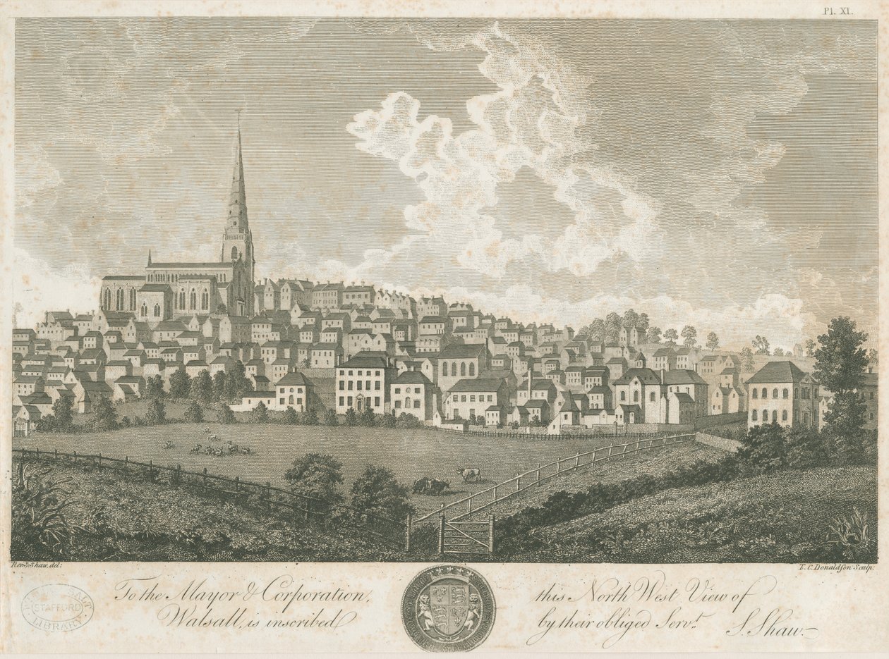 Walsall Town - North West View: rytina, nd [c 1798] od Stebbing Shaw