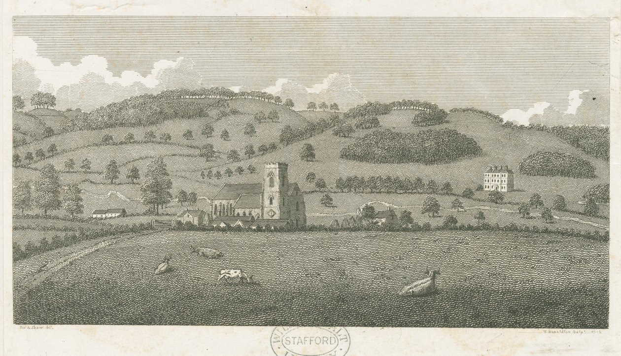 Wolseley - Colwich Church a Oakedge House: rytina od Stebbing Shaw