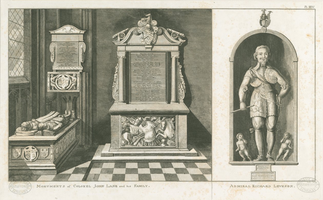 Wolverhampton - Pomníky plukovníka Johna Lanea a admirála Richarda Levesona: rytina, nd [c 1798] (tisk) od Stebbing Shaw