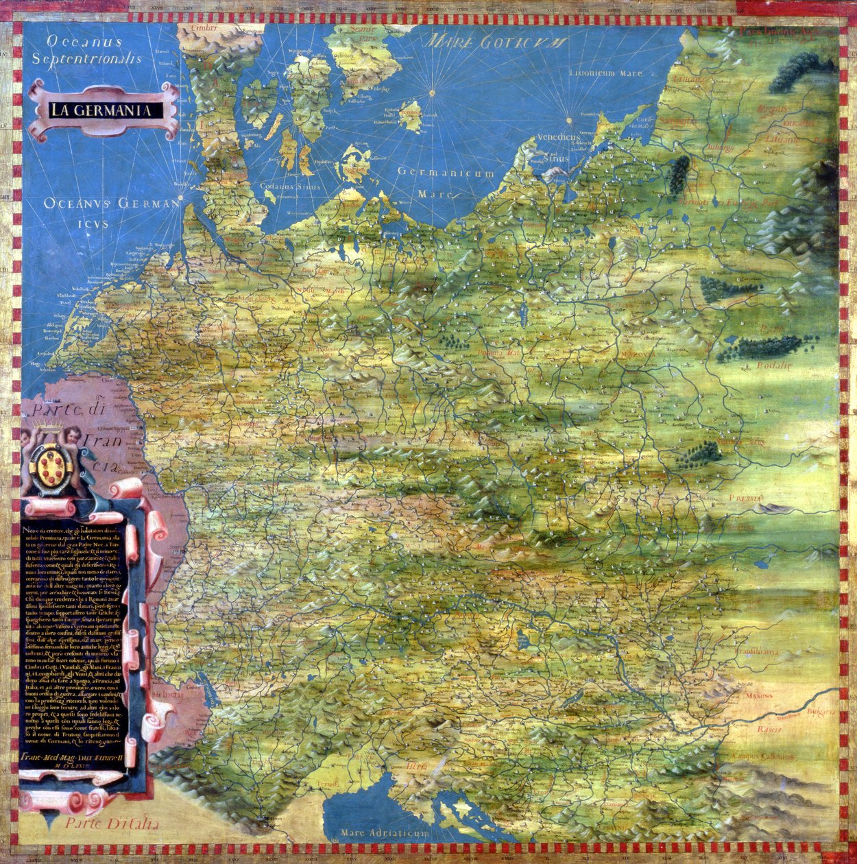 Mapa Německa šestnáctého století z „Sala delle Carte Geografiche“ (síň zeměpisných map) 1575 od Stefano Bonsignori