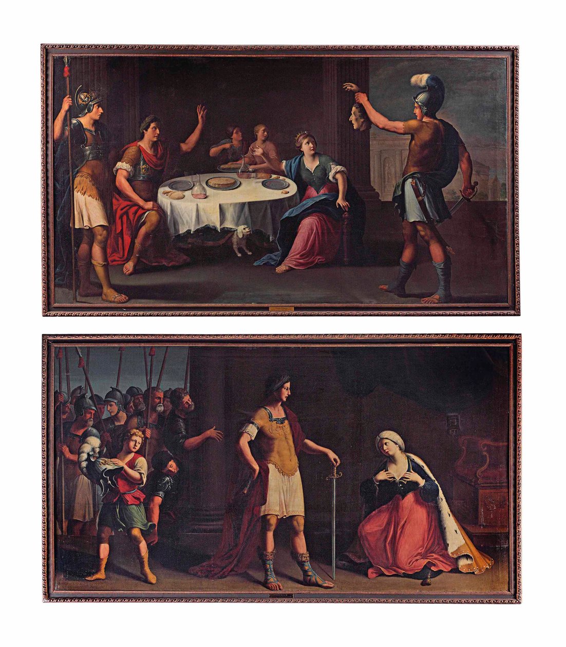 Hlava Pompeia doručena Caesarovi; a Octavius Augustus Caesar prokazující milosrdenství Kleopatře (olej na plátně) od Stefano (attr.) Tofanelli