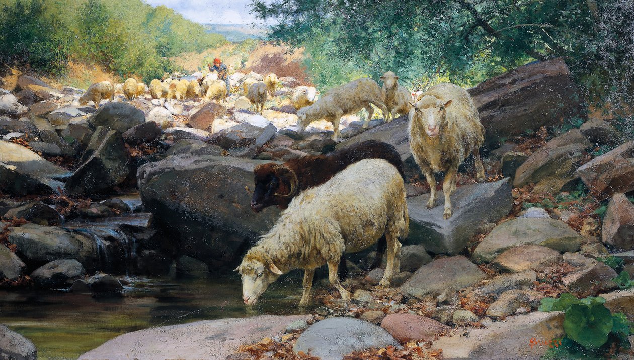 Zalévání hejna u potoka Restano, obraz Stefano Bruzzi (1835-1911), Itálie od Stefano Bruzzi