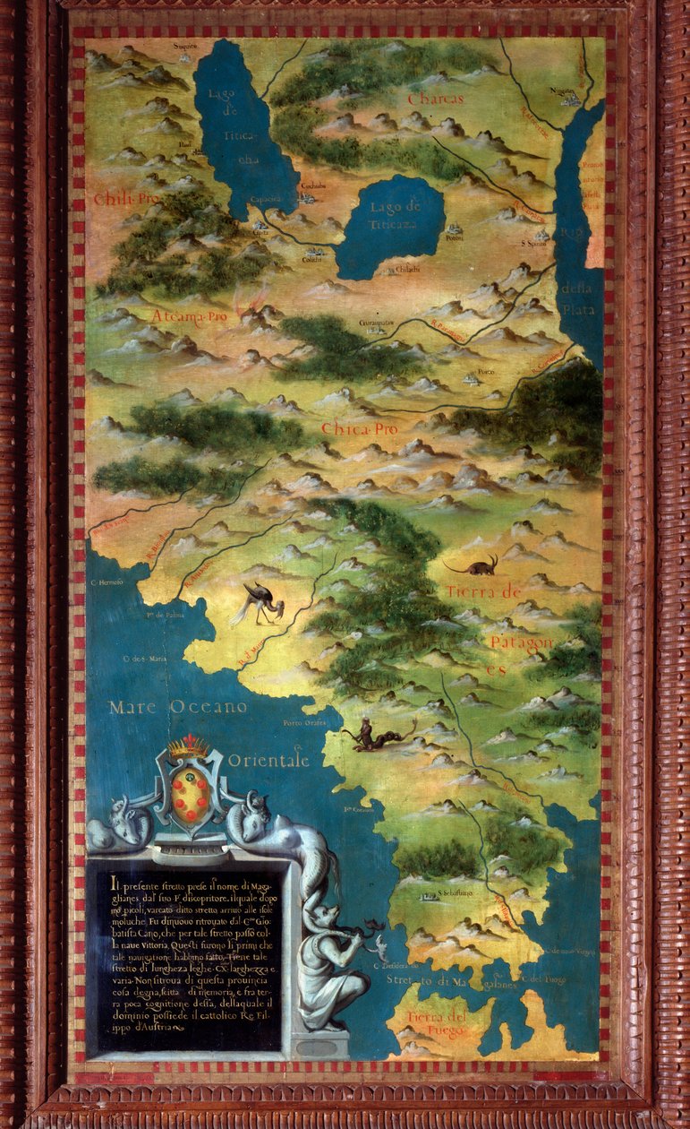 Chile a Magellan Detroit Card od Stefana Bonsignoriho (? -1589), italského kosmografa a malíře. Kolem 1581. Florencie, Palazzo Vecchio, Sala del Mappamondo od Stefano Buonsignori