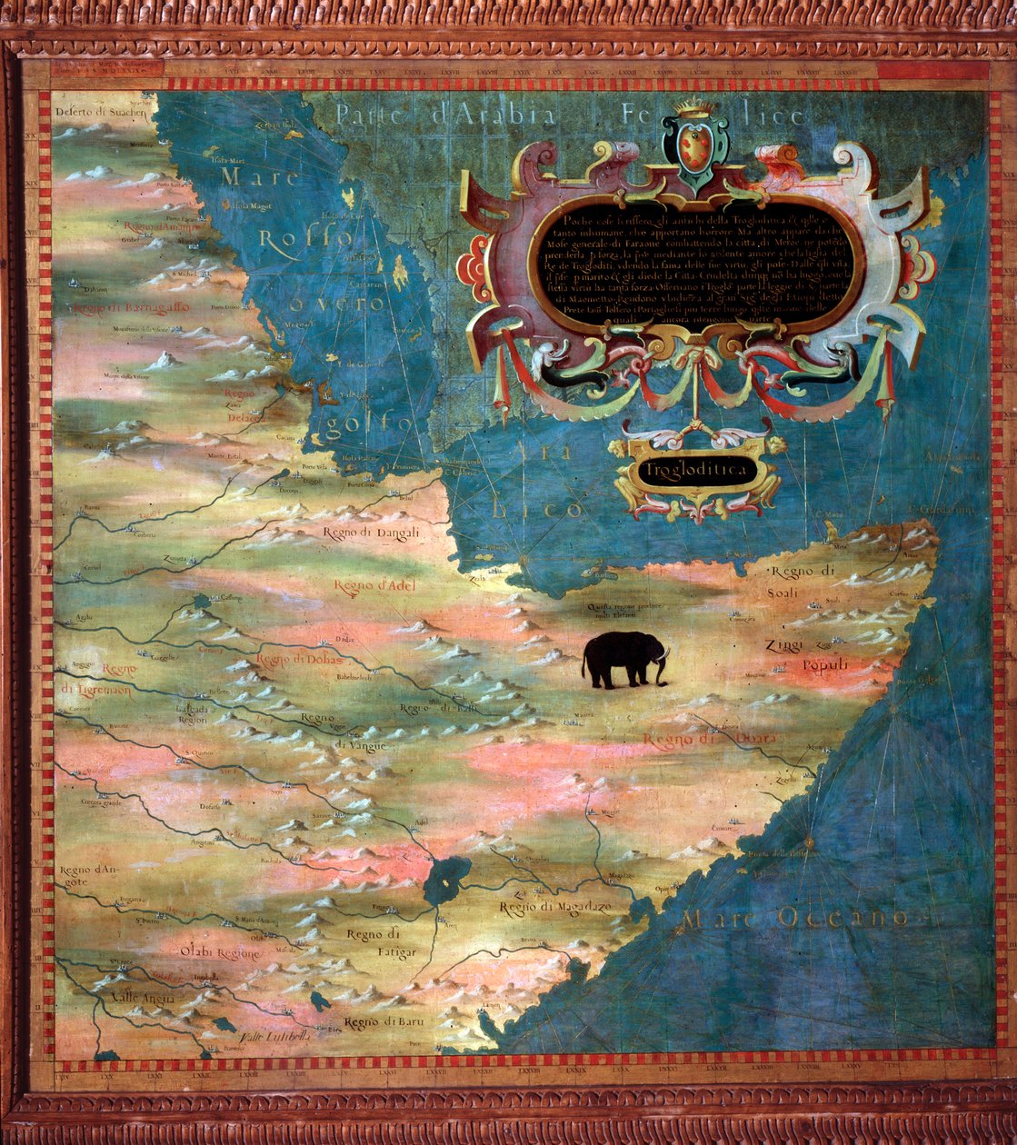 Východní Afrika (Somálsko a Etiopie) Mapu vytvořil Stefano Bonsignori (? -1589) italský kosmograf a malíř. Kolem 1581. Florencie, Palazzo Vecchio, Sala del Mappamondo od Stefano Buonsignori