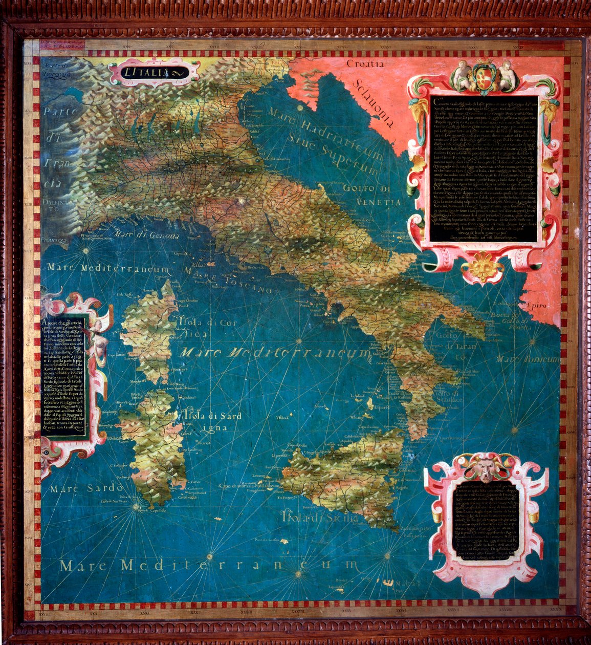 Pohlednice Itálie a Korsiky od Stefana Bonsignoriho (? -1589) italského kosmografa a malíře. Kolem 1581. Florencie, Palazzo Vecchio, Sala del Mappamondo od Stefano Buonsignori