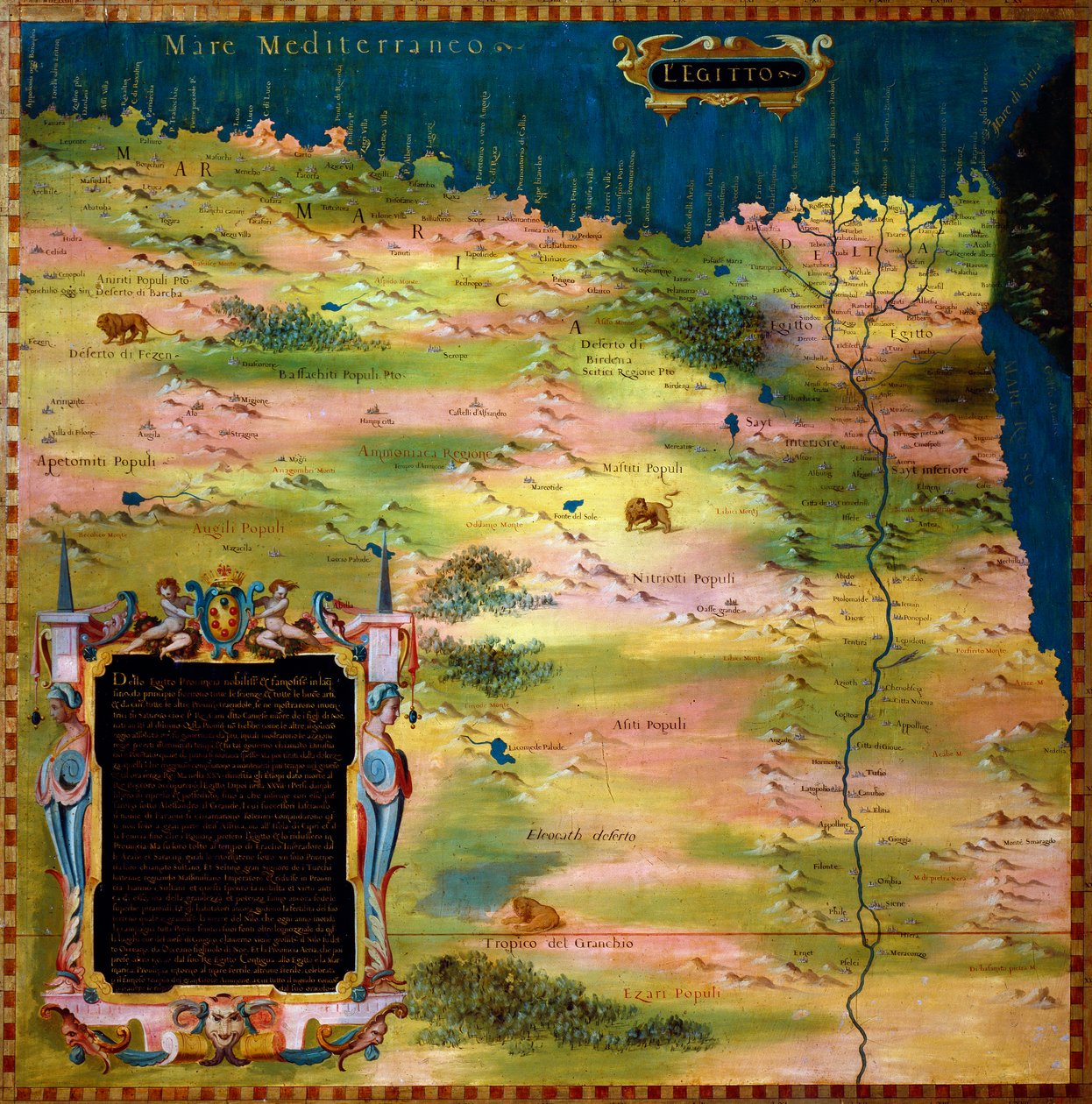 Mapa Egypta od Stefana Bonsignoriho (Buonsignori) (zemřel 1589) 1581 Malba skříní místnosti zeměpisných map. Palazzo Vecchio, pokoj Mappamondo Florencie od Stefano Buonsignori