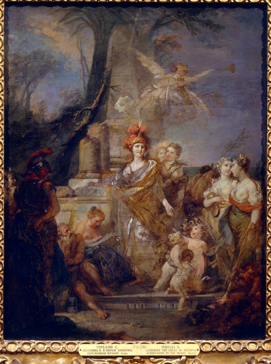 Císařovna Kateřina II. (1729-1796) jako Minerva v kruhu múz. Obraz Stefano Torelli (1712-1784), olej na plátně. italské umění od Stefano Torelli