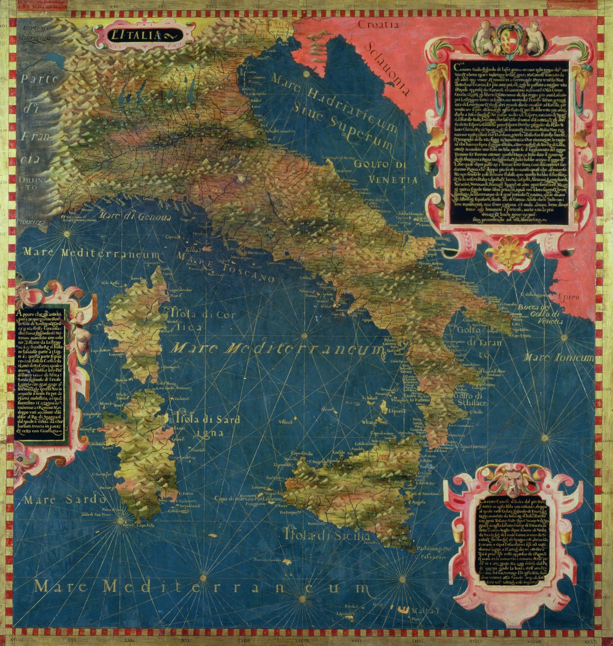 Mapa Itálie šestnáctého století, ze „Sala delle Carte Geografiche“ (síň geografických map) 1575 (olej na panelu) od Stefano and Danti Egnazio Bonsignori