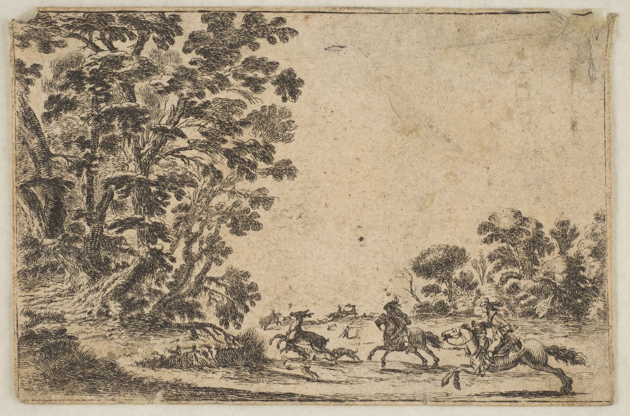 Deska 4: hon na jelena, dva jezdci cválající vpravo za třemi psy a ..., po roce 1642. Tvůrci: Stefano della Bella, Neznámý. od Stefano della Bella