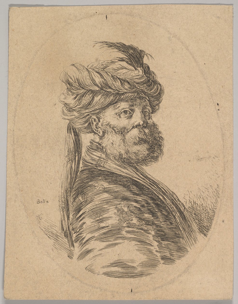 Turecký muž s plnovousem a turbanem s jedním dlouhým perem vpředu, otočený o tři čtvrtiny..., 1650. od Stefano della Bella