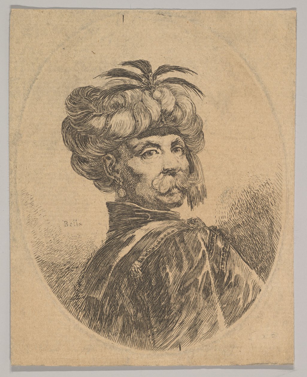 Turecký muž s knírem, v turbanu zdobeném pěti volavími pery, turne..., 1650. od Stefano della Bella