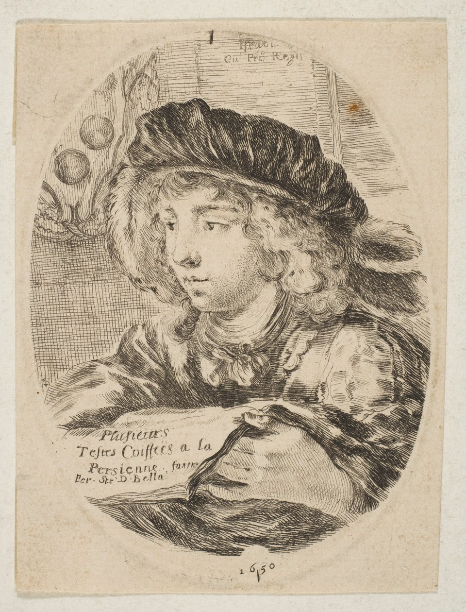 Busta mladého muže v čepici s peřím, otočená o tři čtvrtiny doleva, ..., 1650. od Stefano della Bella