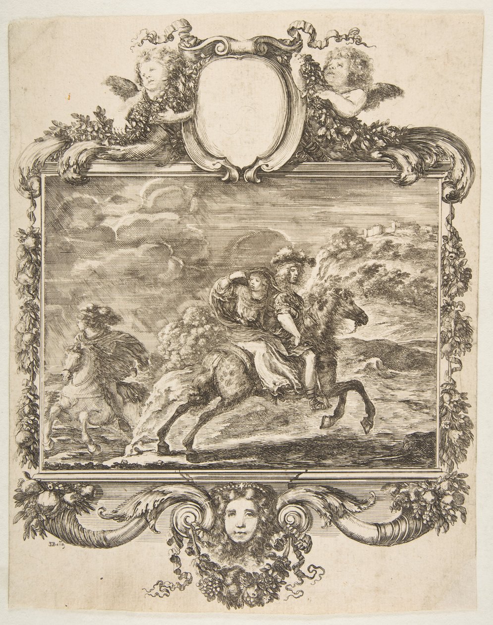 Kavalír a dáma na koni, uvnitř zdobené hranice zdobené ovocem a c..., ca. 1655. od Stefano della Bella
