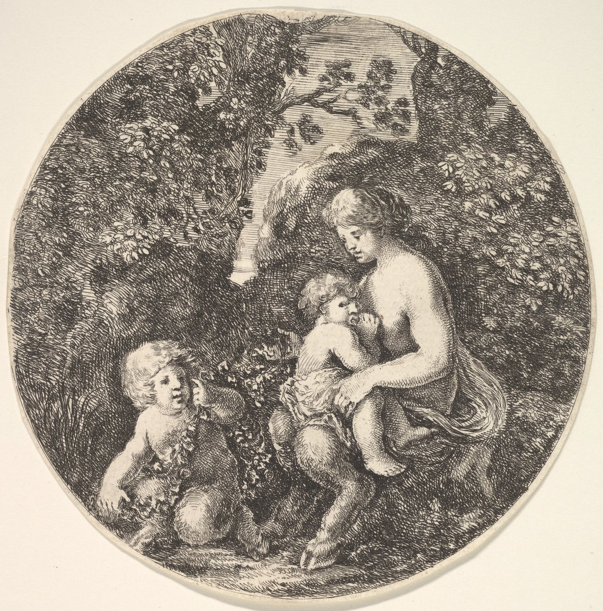 Žena satyr kojící dítě doprava, otočená doleva, satyrské dítě..., 1639. od Stefano della Bella