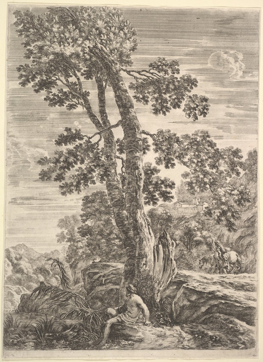 Rybář uprostřed tváří vlevo a opřený o velký strom, žena jdoucí..., ca. 1652-57. od Stefano della Bella
