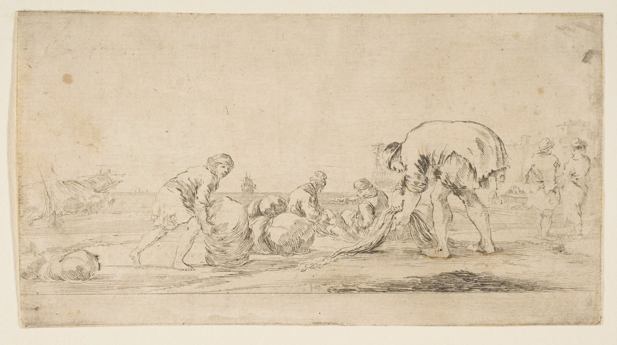 Rybář přinášející své sítě, muž vlevo tlačí balík doprava, dvoumístný..., ca. 1662. od Stefano della Bella