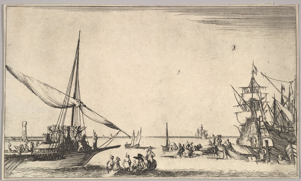 Galéra připlouvající do přístavu vlevo, několik veslic uprostřed, lodě v přístavu vpravo, od..., 1639. od Stefano della Bella