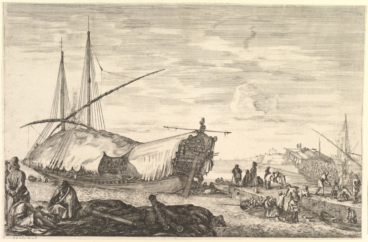 Kuchyňka pokrytá plachtami vlevo, šest děl a čtyři lidé vlevo v popředí..., ca. 1652-57. od Stefano della Bella